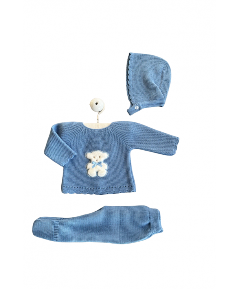Conjunto Punto Tres Piezas Azul Empolvado Osito MEK45-Valentina Bebés