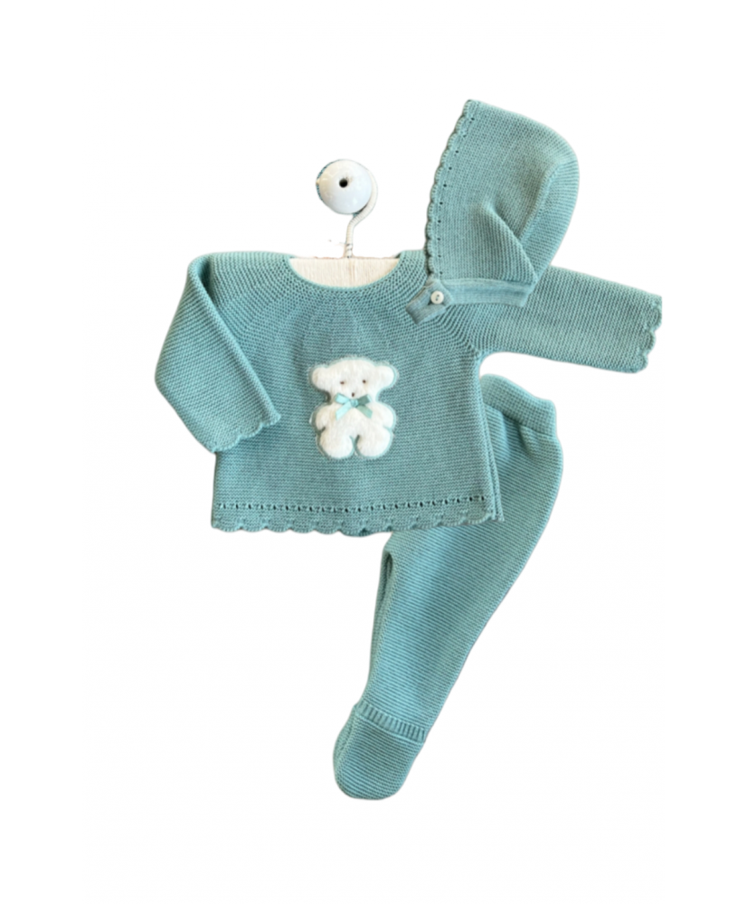 Conjunto Punto Tres Piezas Osito Verde Empolvado MEK53-Valentina Bebés