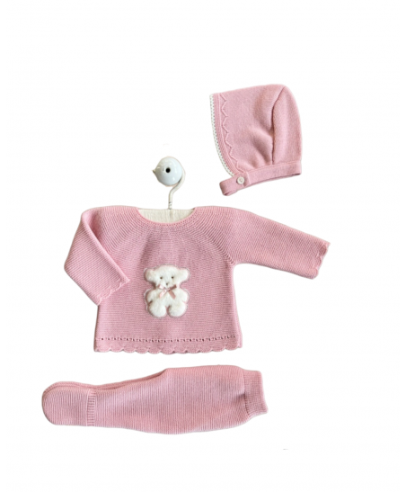 Conjunto Punto Tres Piezas Osito Rosa Empolvado MEK49-Valentina Bebés