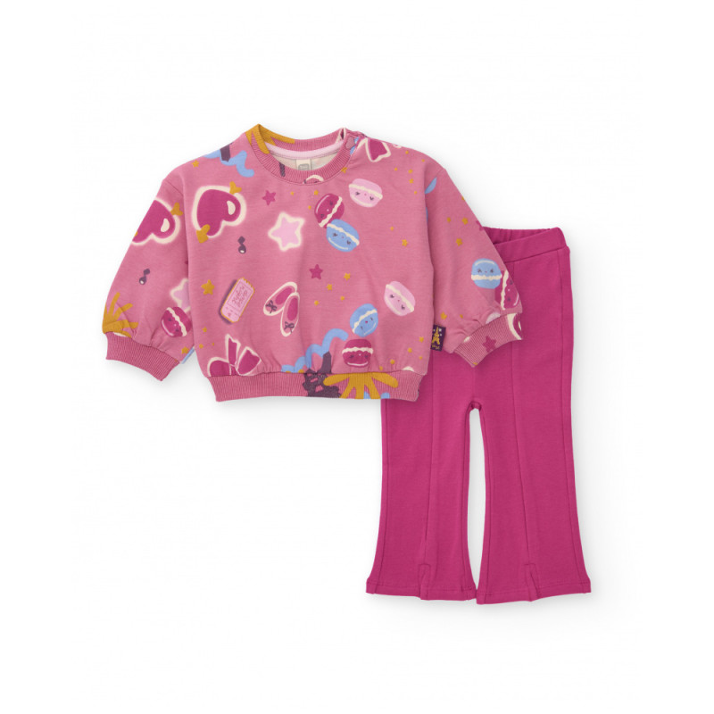 Conjunto para niña de sudadera rosa con estampado divertido y pantalón acampanado-Tuc Tuc