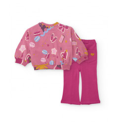 Conjunto para niña de sudadera rosa con estampado divertido y pantalón acampanado-Tuc Tuc