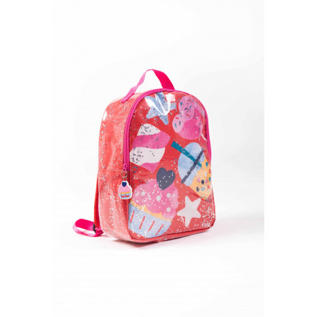 Mochila para niña en color coral con estampado de dulces y estrellas-Tuc Tuc