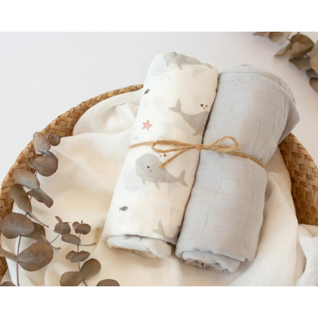 Set 2 muselinas ballenas gris 120x120cm-Kiokids