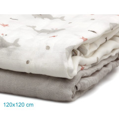 Set 2 muselinas ballenas gris 120x120cm-Kiokids