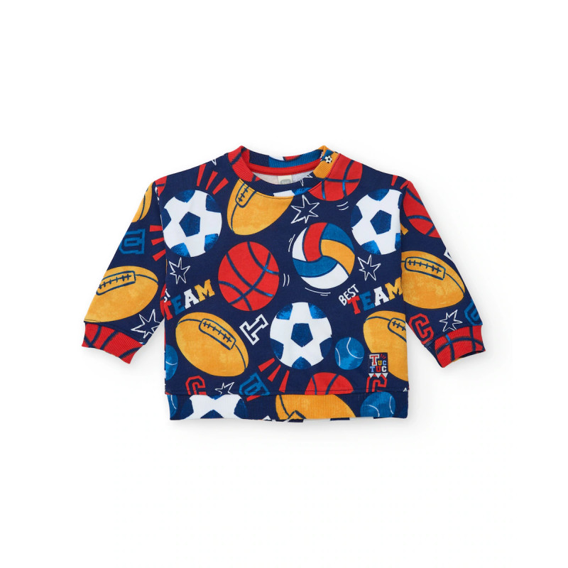 Sudadera de felpa para niño en azul marino con estampado integral de balones-Tuc Tuc