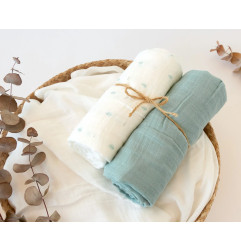Set 2 muselinas salvia, blanco y estampado 120x120cm-Kiokids