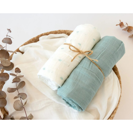 Set 2 muselinas salvia, blanco y estampado 120x120cm-Kiokids