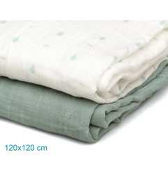 Set 2 muselinas salvia, blanco y estampado 120x120cm-Kiokids