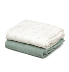 Set 2 muselinas salvia, blanco y estampado 120x120cm-Kiokids