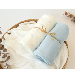 Set 2 muselinas azul, blanco y estampado 120x120cm-Kiokids