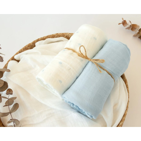 Set 2 muselinas azul, blanco y estampado 120x120cm-Kiokids