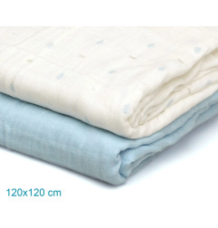 Set 2 muselinas azul, blanco y estampado 120x120cm-Kiokids