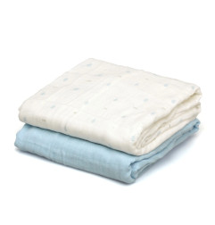Set 2 muselinas azul, blanco y estampado 120x120cm-Kiokids