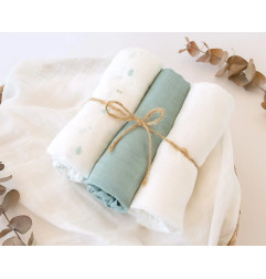 Set 3 muselinas salvia, blanco y estampado 70x70cm-Kiokids