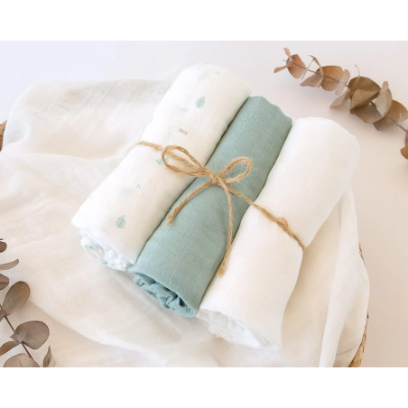Set 3 muselinas salvia, blanco y estampado 70x70cm-Kiokids