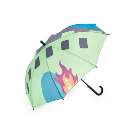 Paraguas de niño color verde con estampado de llamas y ventanas-Tuc Tuc