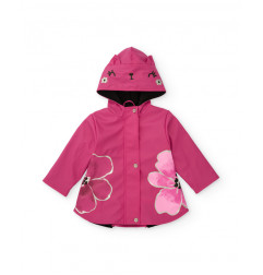 Chubasquero de niña en fucsia con capucha decorativa y flores grandes-Tuc Tuc