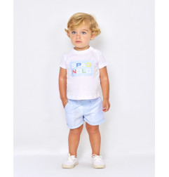 CONJUNTO CAMISETA Y BERMUDA LINO BLANCO y CELESTE -Spagnolo