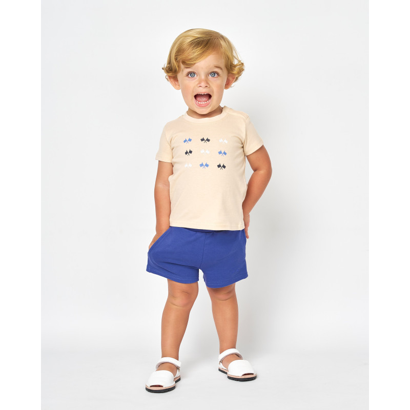 CONJUNTO CAMISETA Y BERMUDA PUNTO BEIG Y AZUL-Spagnolo