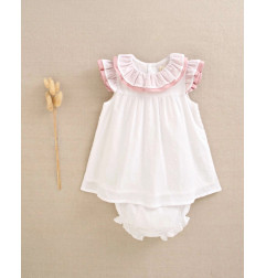Vestido de bebé de plumeti blanco con volante en el cuello-Dadati