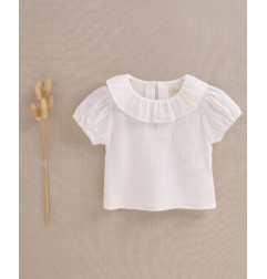 Blusa de bebé niña de muselina blanca con manga abullonada-Dadati