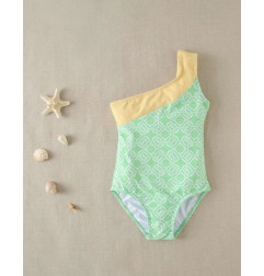 Bañador de niña de estampado geométrico verde con tirante asimétrico-Dadati