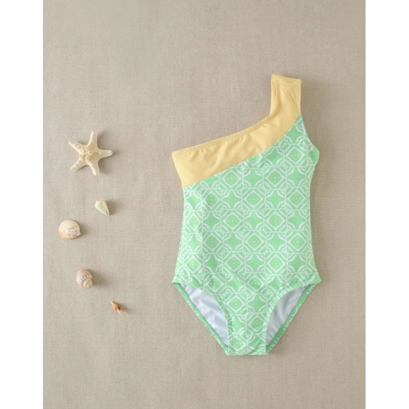 Bañador de niña de estampado geométrico verde con tirante asimétrico-Dadati