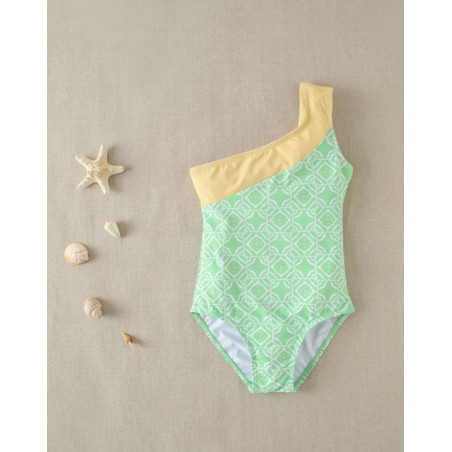 Bañador de niña de estampado geométrico verde con tirante asimétrico-Dadati