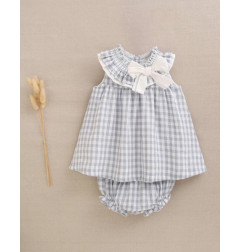 Vestido de bebé con braguita de cuadros y detalle de lazo en cuello-Dadati