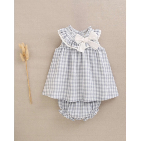 Vestido de bebé con braguita de cuadros y detalle de lazo en cuello-Dadati