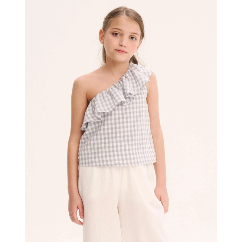 Blusa de niña de cuadros asimétrica con volante en tirante-Dadati