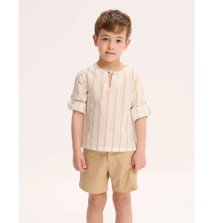 Camisa de niño de rayas mostaza con cuello redondo con lazo-Dadati