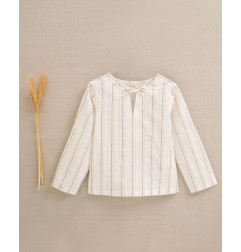 Camisa de niño de rayas mostaza con cuello redondo con lazo-Dadati