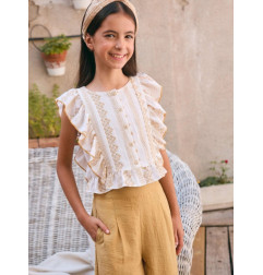 Blusa de niña blanca con estampado mostaza y volantes laterales-Dadati