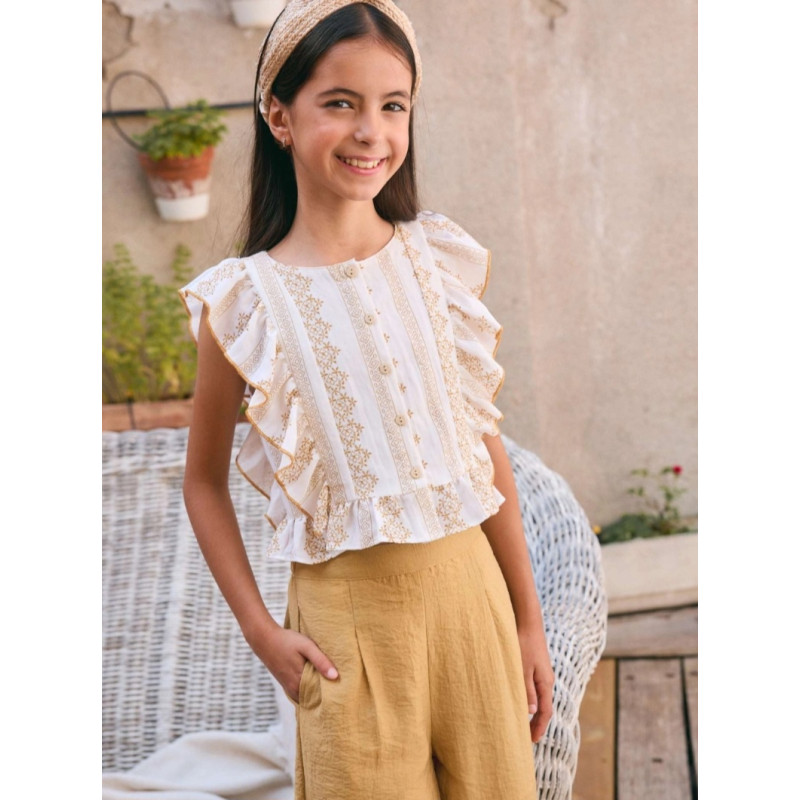 Blusa de niña blanca con estampado mostaza y volantes laterales-Dadati