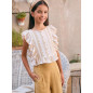Blusa de niña blanca con estampado mostaza y volantes laterales-Dadati