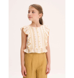 Blusa de niña blanca con estampado mostaza y volantes laterales-Dadati