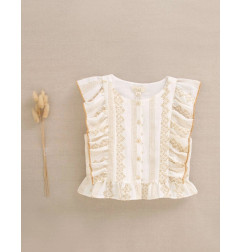 Blusa de niña blanca con estampado mostaza y volantes laterales-Dadati