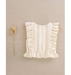 Blusa de niña blanca con estampado mostaza y volantes laterales-Dadati