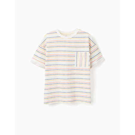 Camiseta de algodón a rayas con bolsillo para niño, multicolor-Zippy