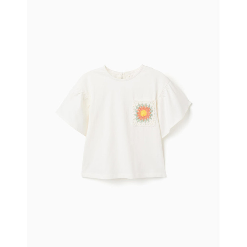 Camiseta de algodón con bolsillo de croché para niña, blanco-Zippy
