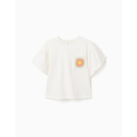 Camiseta de algodón con bolsillo de croché para niña, blanco-Zippy