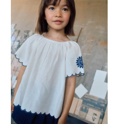 Blusa en algodón y lino con flores para niña, beige claro/azul-Zippy