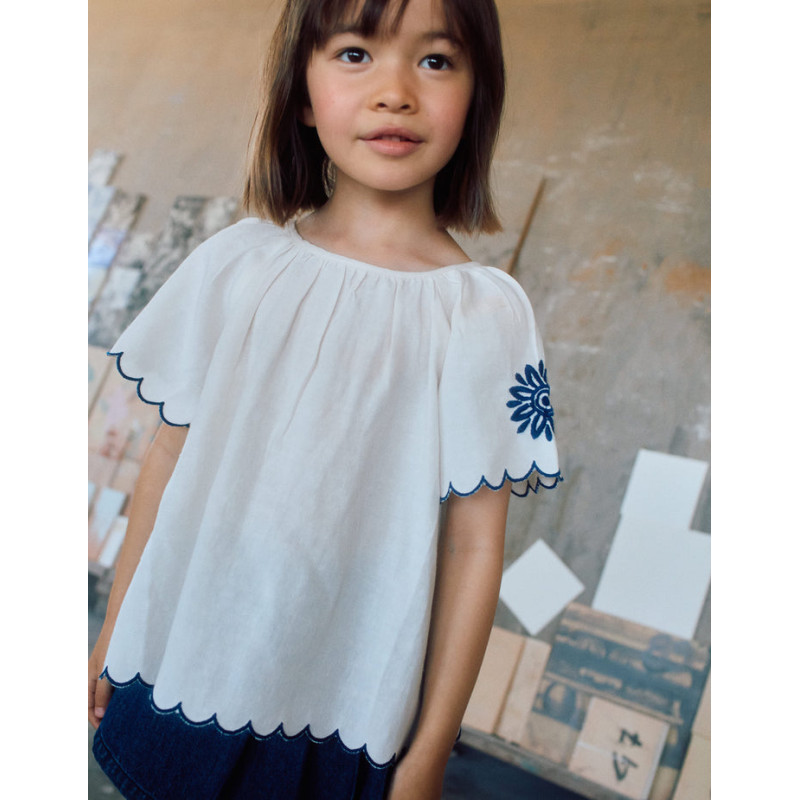 Blusa en algodón y lino con flores para niña, beige claro/azul-Zippy