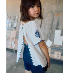 Blusa en algodón y lino con flores para niña, beige claro/azul-Zippy