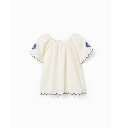 Blusa en algodón y lino con flores para niña, beige claro/azul-Zippy