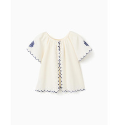 Blusa en algodón y lino con flores para niña, beige claro/azul-Zippy