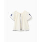 Blusa en algodón y lino con flores para niña, beige claro/azul-Zippy