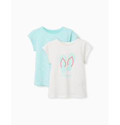 Pack 2 camisetas de algodón con estampados veraniegos para niña, azul/blanco-Zippy