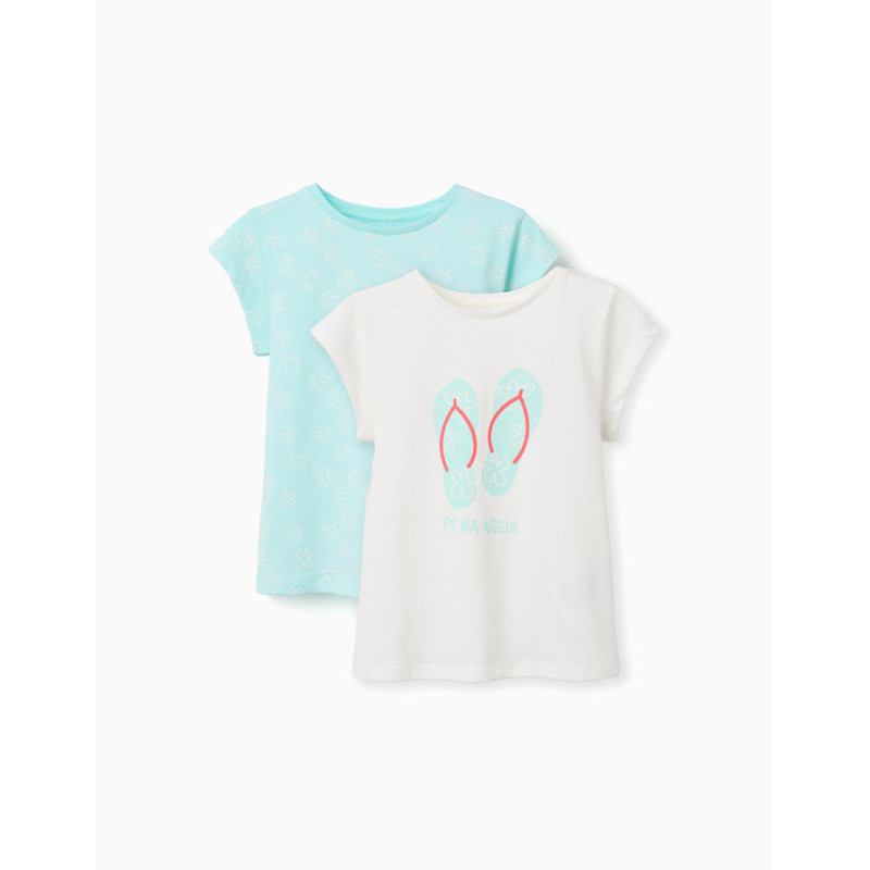 Pack 2 camisetas de algodón con estampados veraniegos para niña, azul/blanco-Zippy